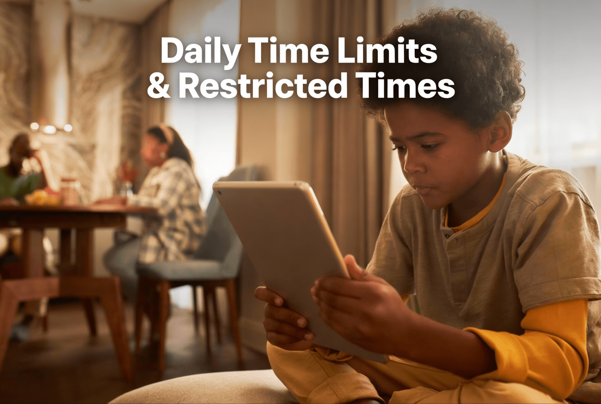 Daily Time Limits & Restricted Times Management - SafeAnywhere screen time control feature showing daily usage limits, bedtime restrictions, and homework time blocks for child device monitoring