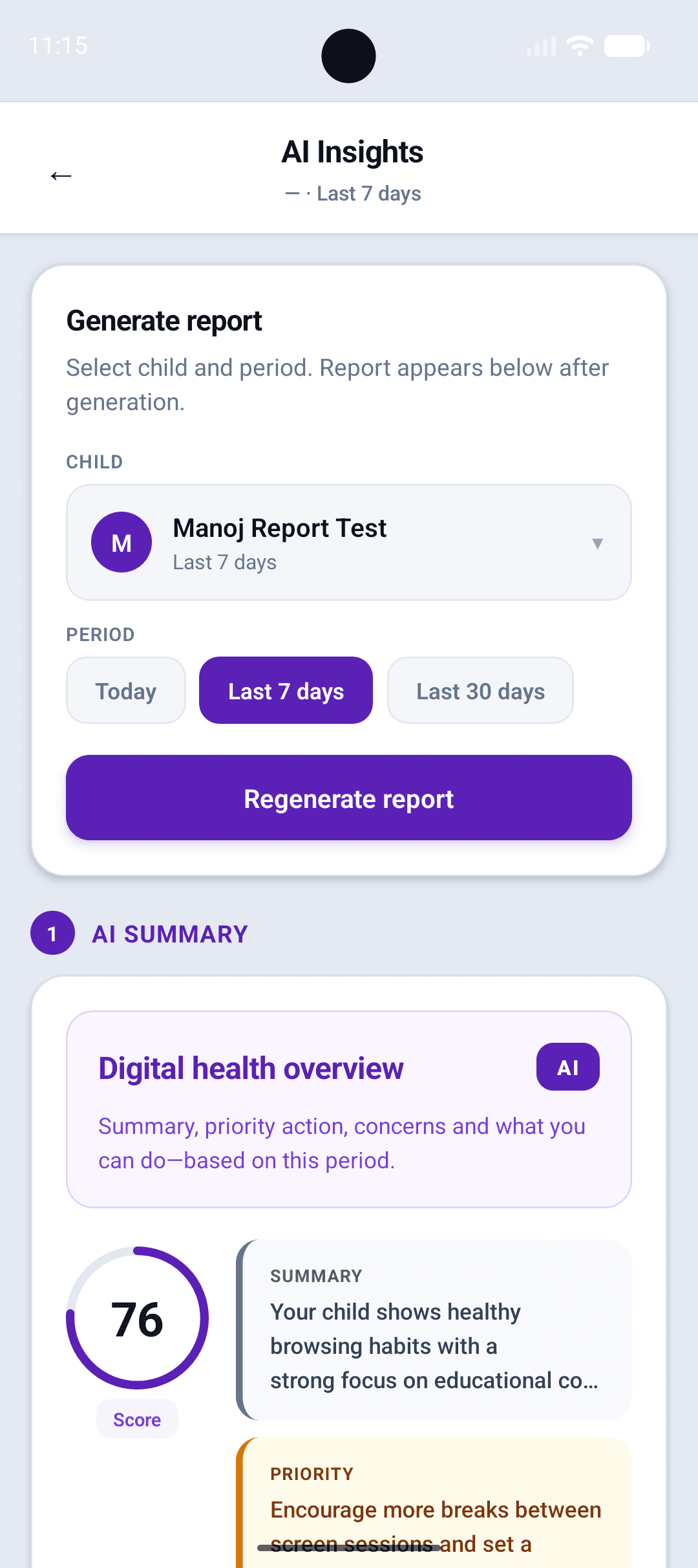 Generate a digital safety report by child and period