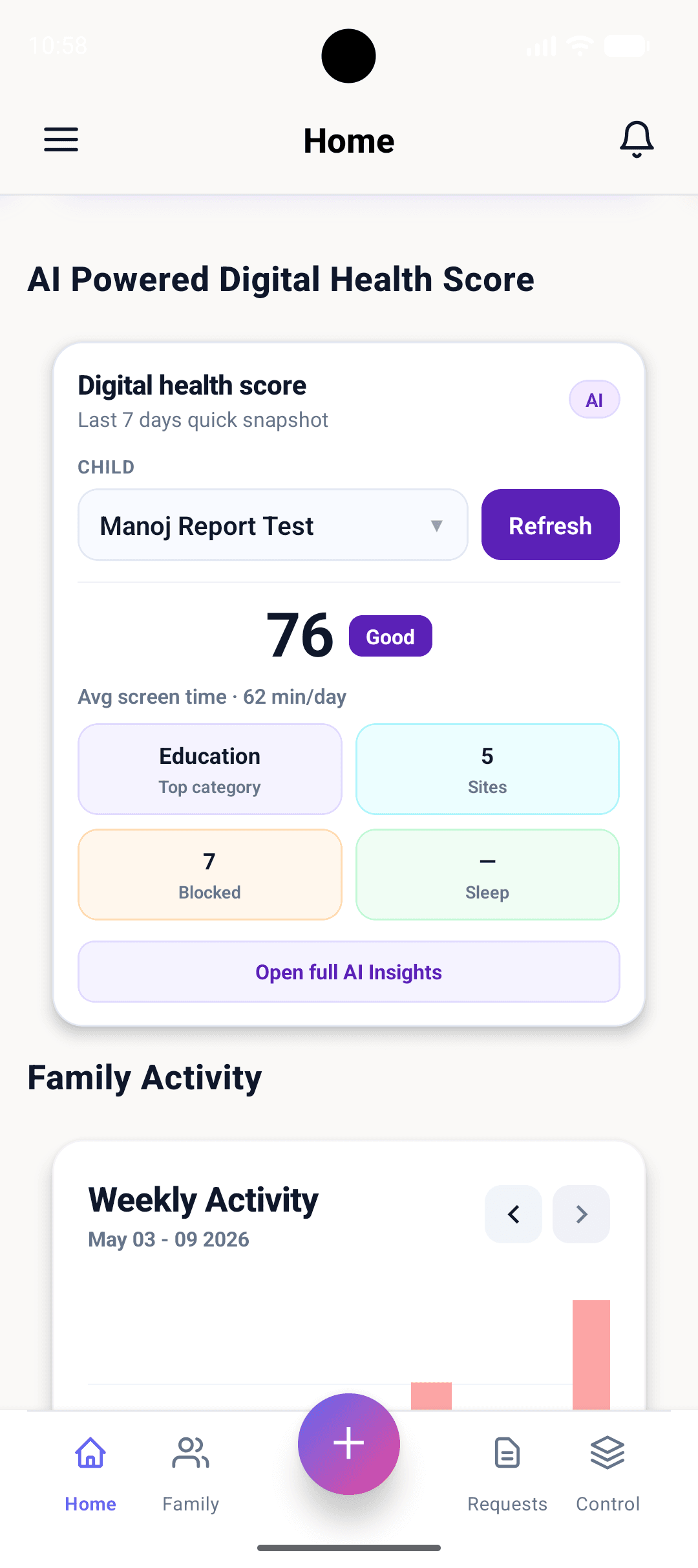 AI-Powered Digital Health Score with per-child snapshot