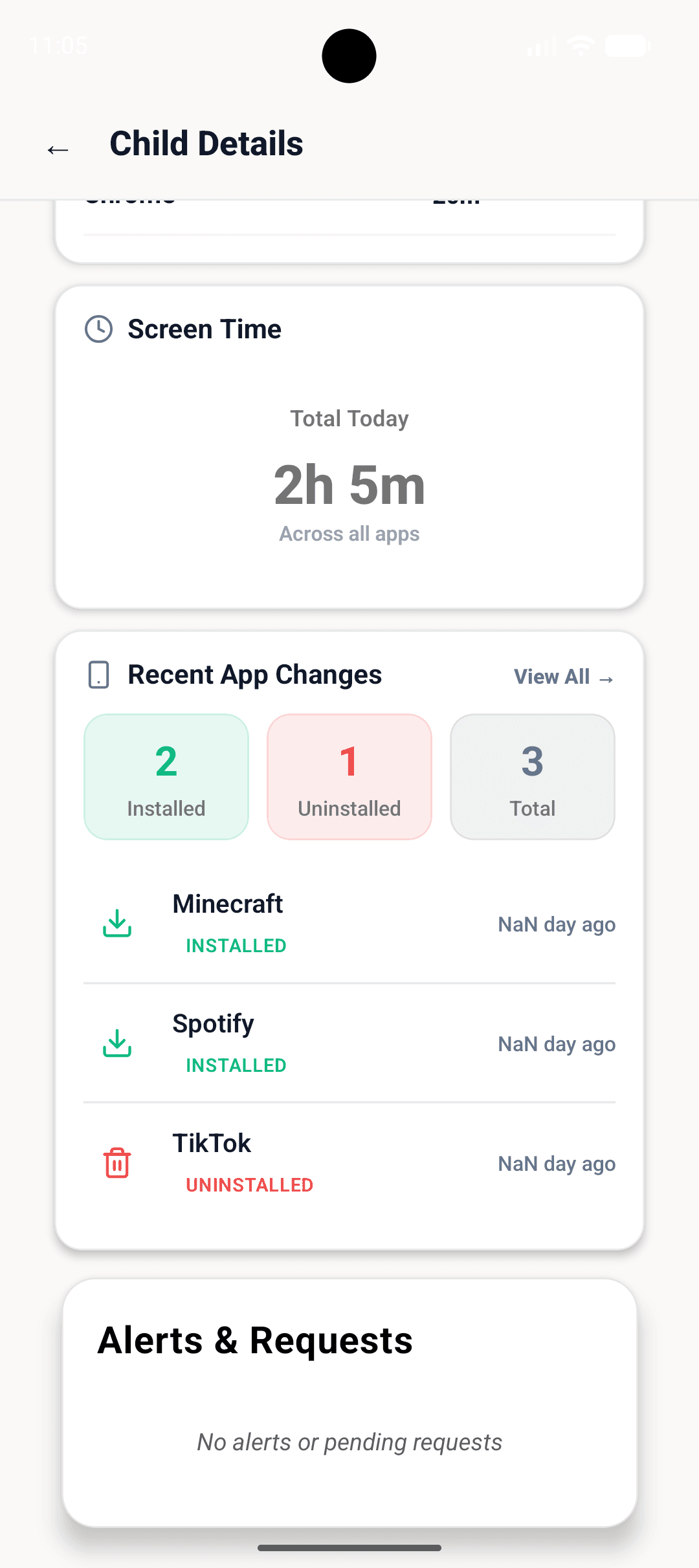 Recent app installs and uninstalls on the child device