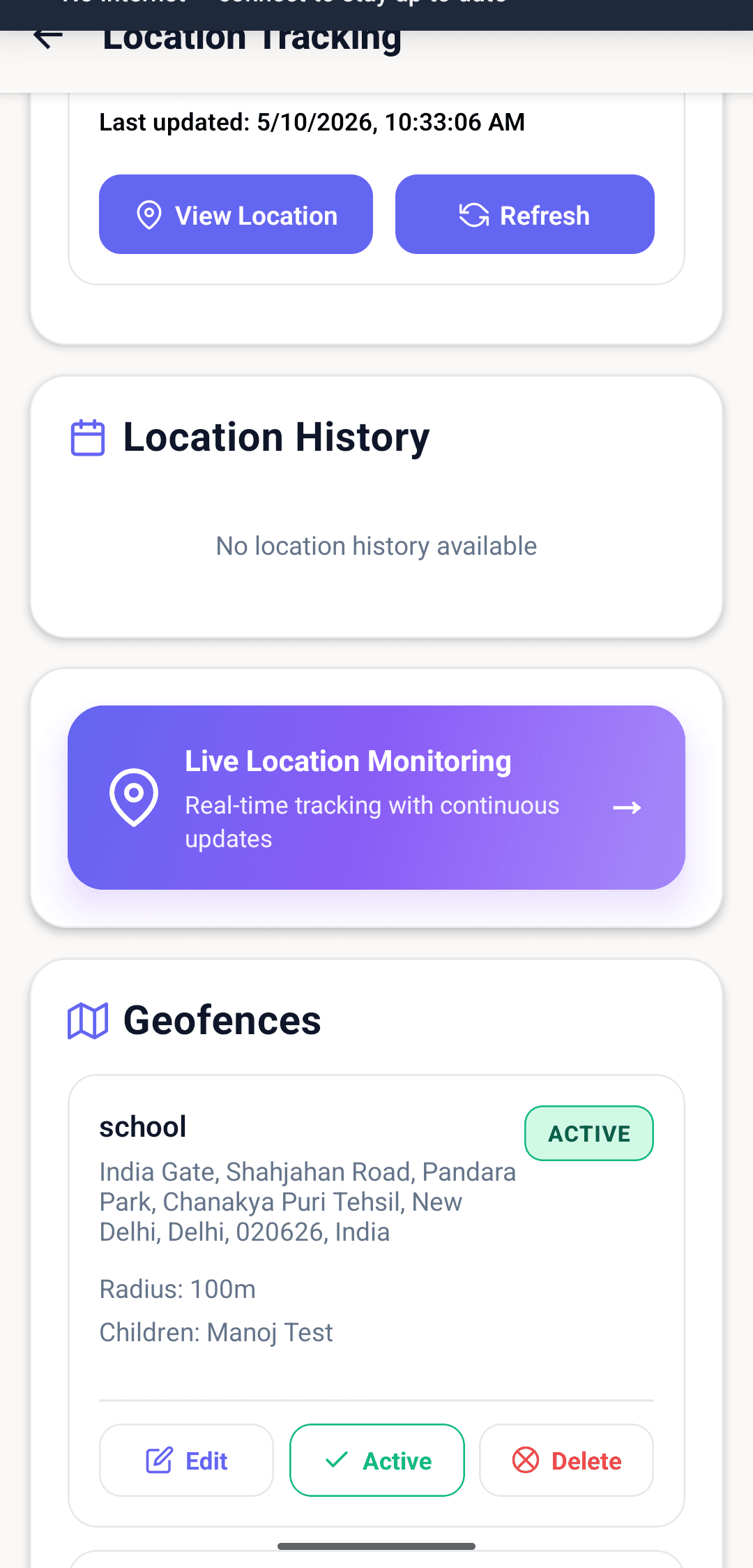 Geofence list with school zone and live location card