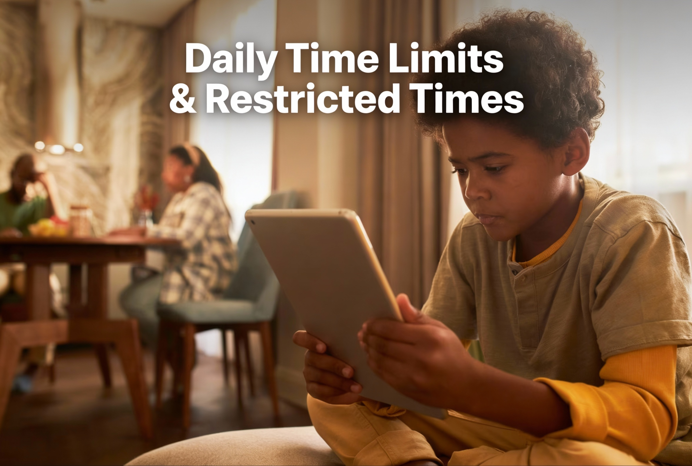 Daily Time Limits & Restricted Times Management - SafeAnywhere screen time control feature showing daily usage limits, bedtime restrictions, and homework time blocks for child device monitoring