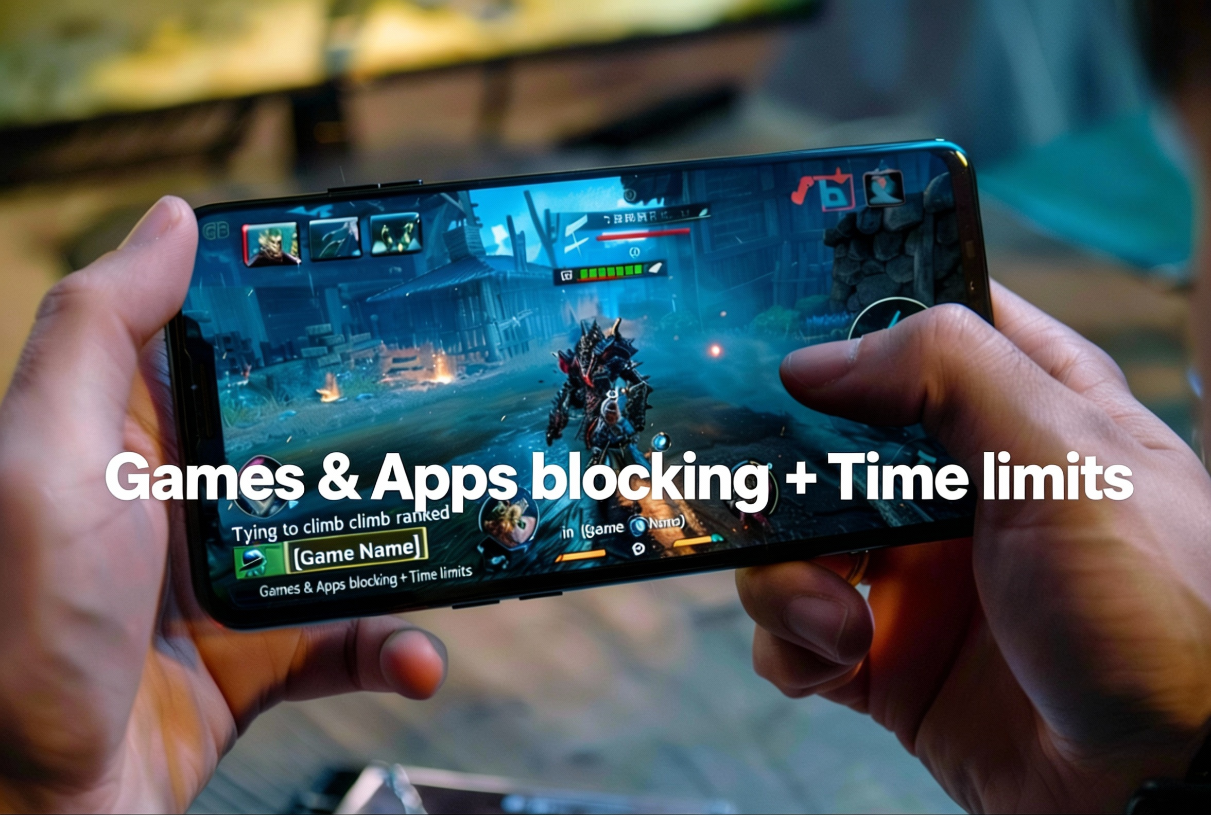 Games & Apps Blocking with Time Limits - SafeAnywhere parental control dashboard showing app blocking, game restrictions, and screen time management for children on mobile and desktop devices