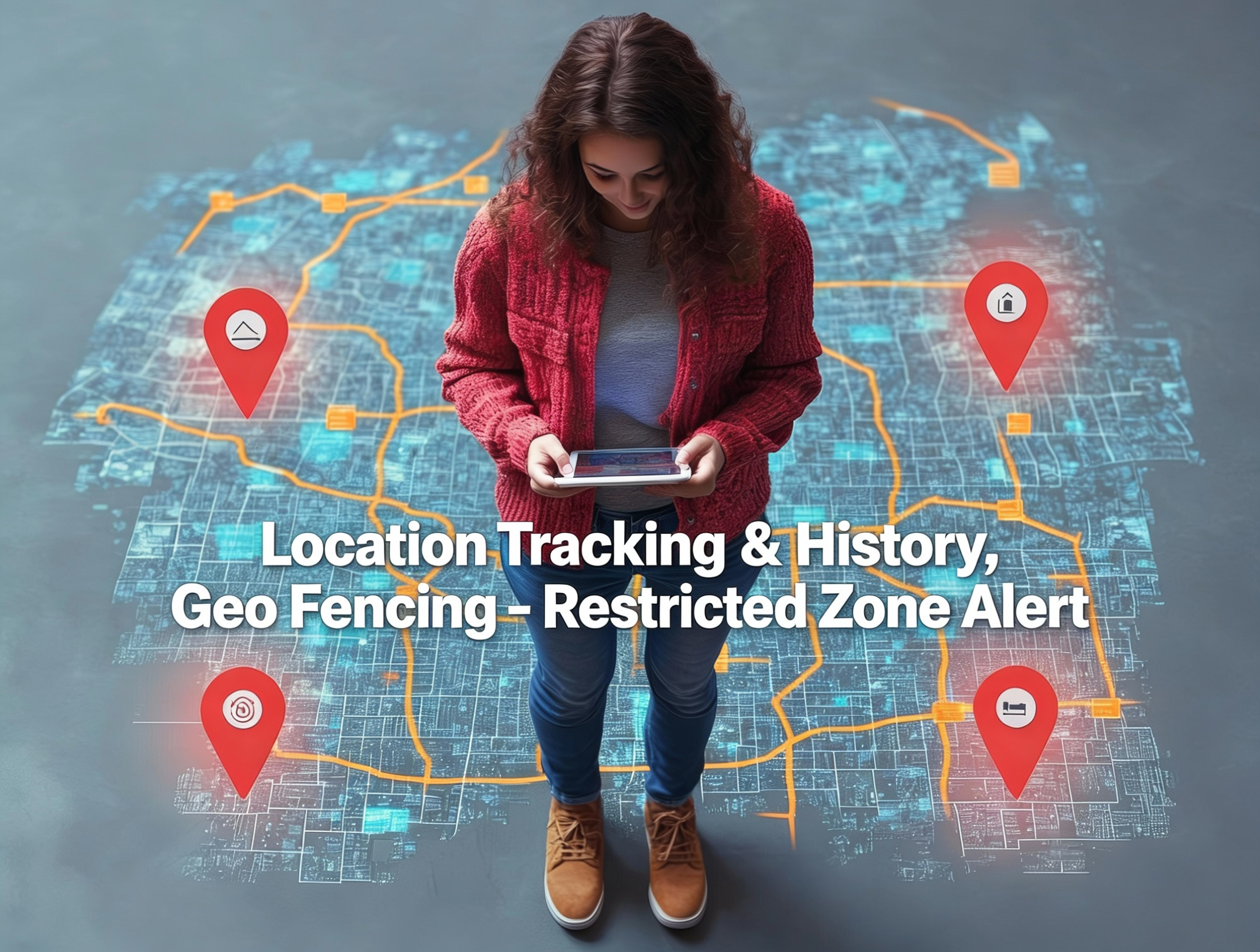 Real-Time Location Tracking & Geofencing - SafeAnywhere GPS tracking feature showing child location on map, geofence boundaries, school attendance monitoring, and location history for iOS and Android devices